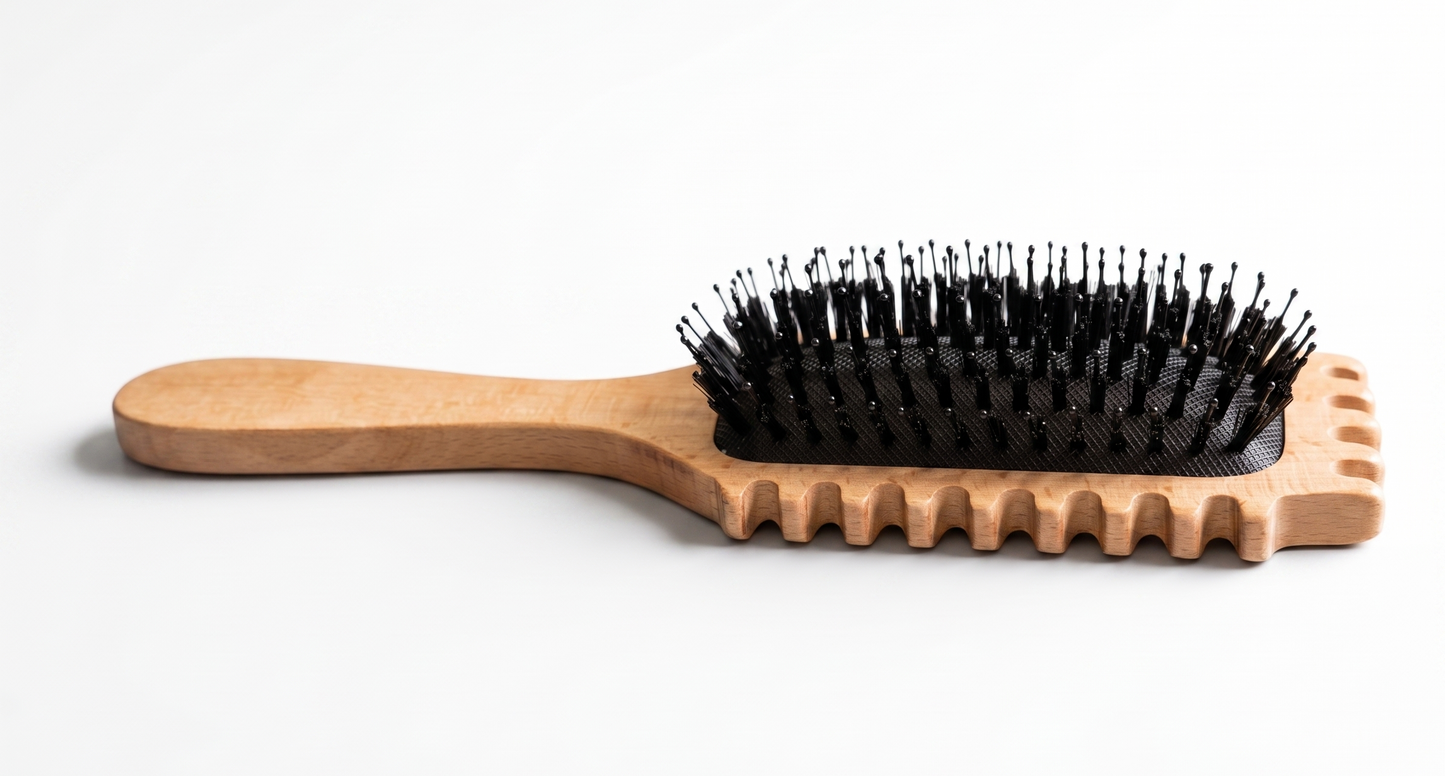 Paige Collections detangling brush being used on wet, curly hair in the shower.