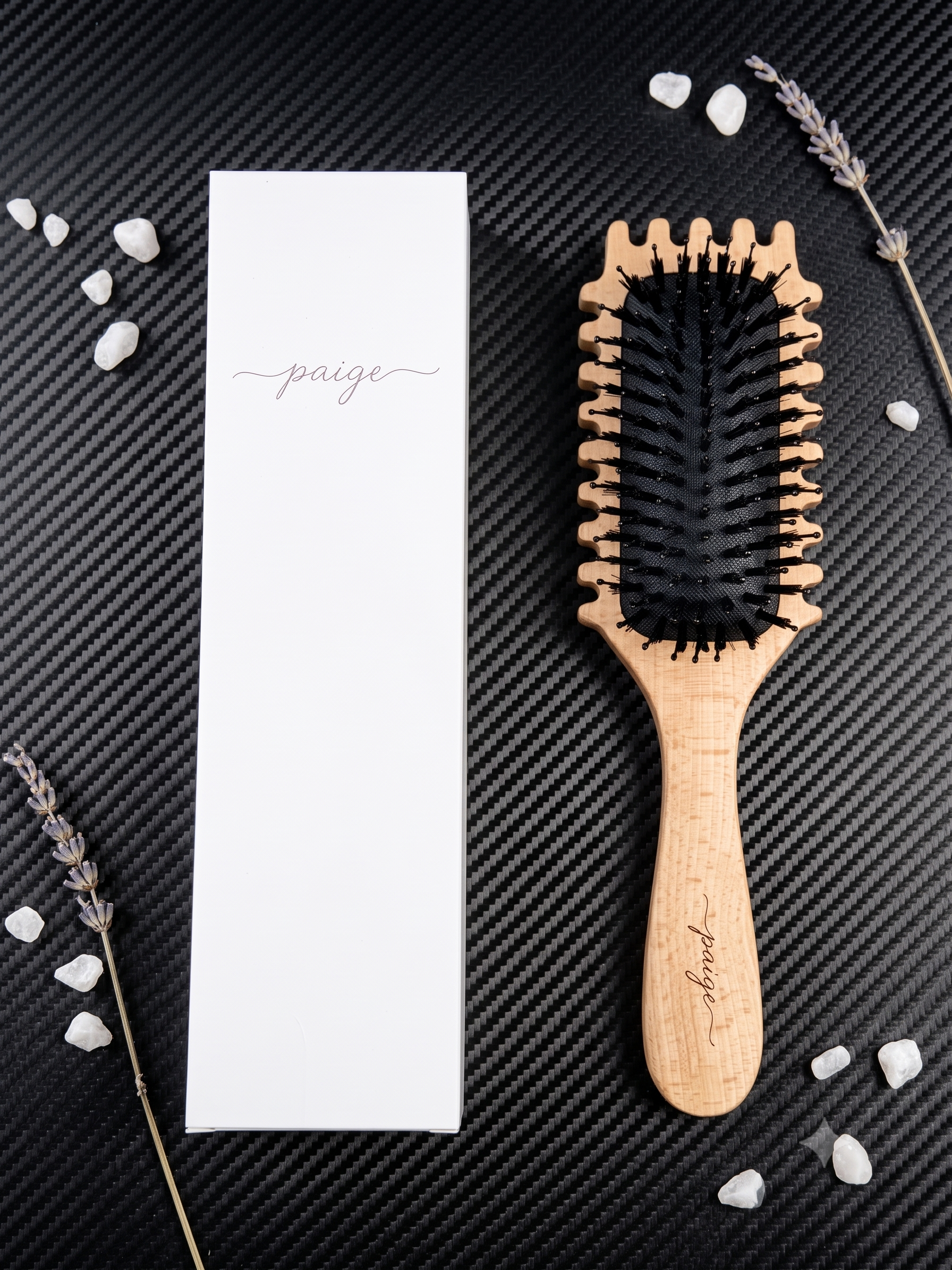 Gentle, pain-free detangling brush gliding easily through thick, curly hair.
